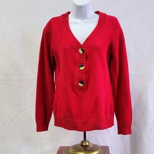 LIZ CLAIBORNE Red Pullover Sweater V/Neck w/3 large buttons 100% Cotton - Size M